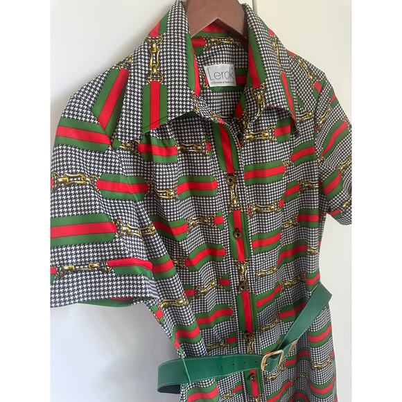 Vintage 60 Mod Style Dress Houndstooth Buckle Design Green/Red Designer Sz 6-8 - Picture 3 of 11